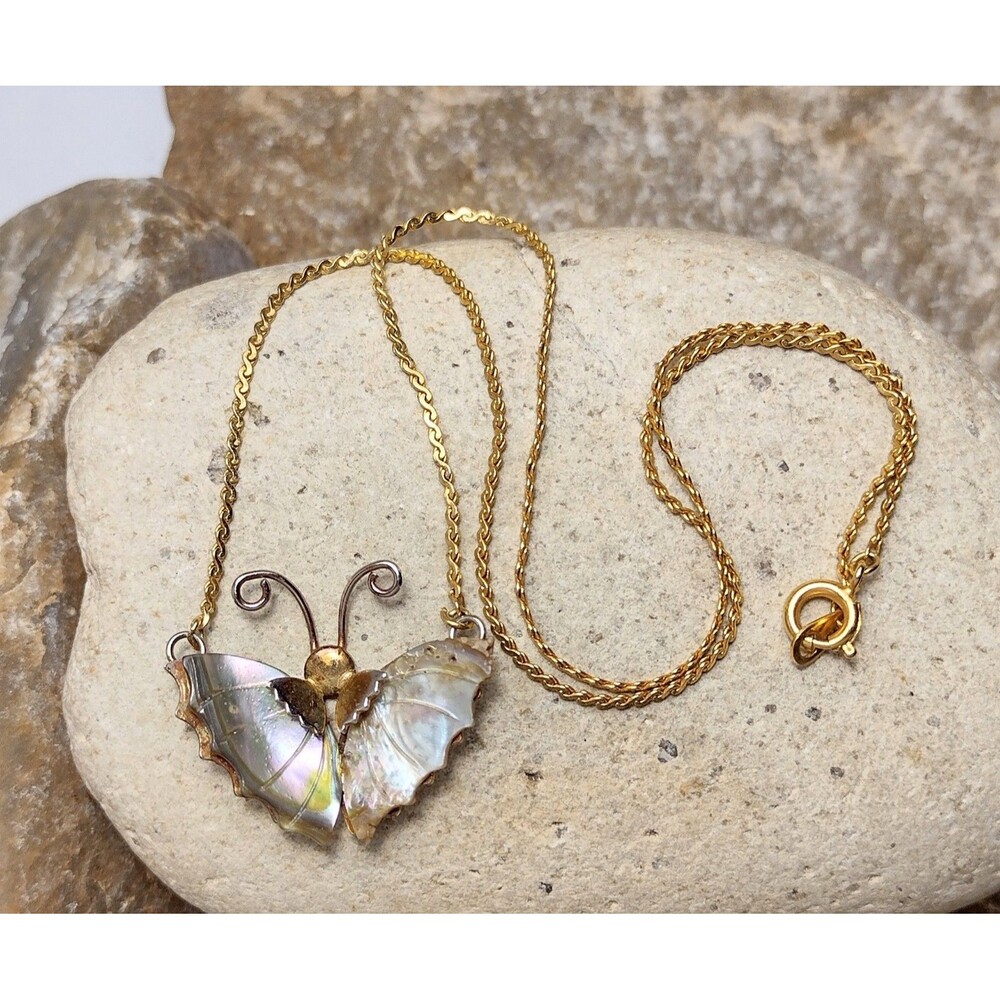 Vintage Butterfly Necklace Abalone Shell - Picture 2 of 11